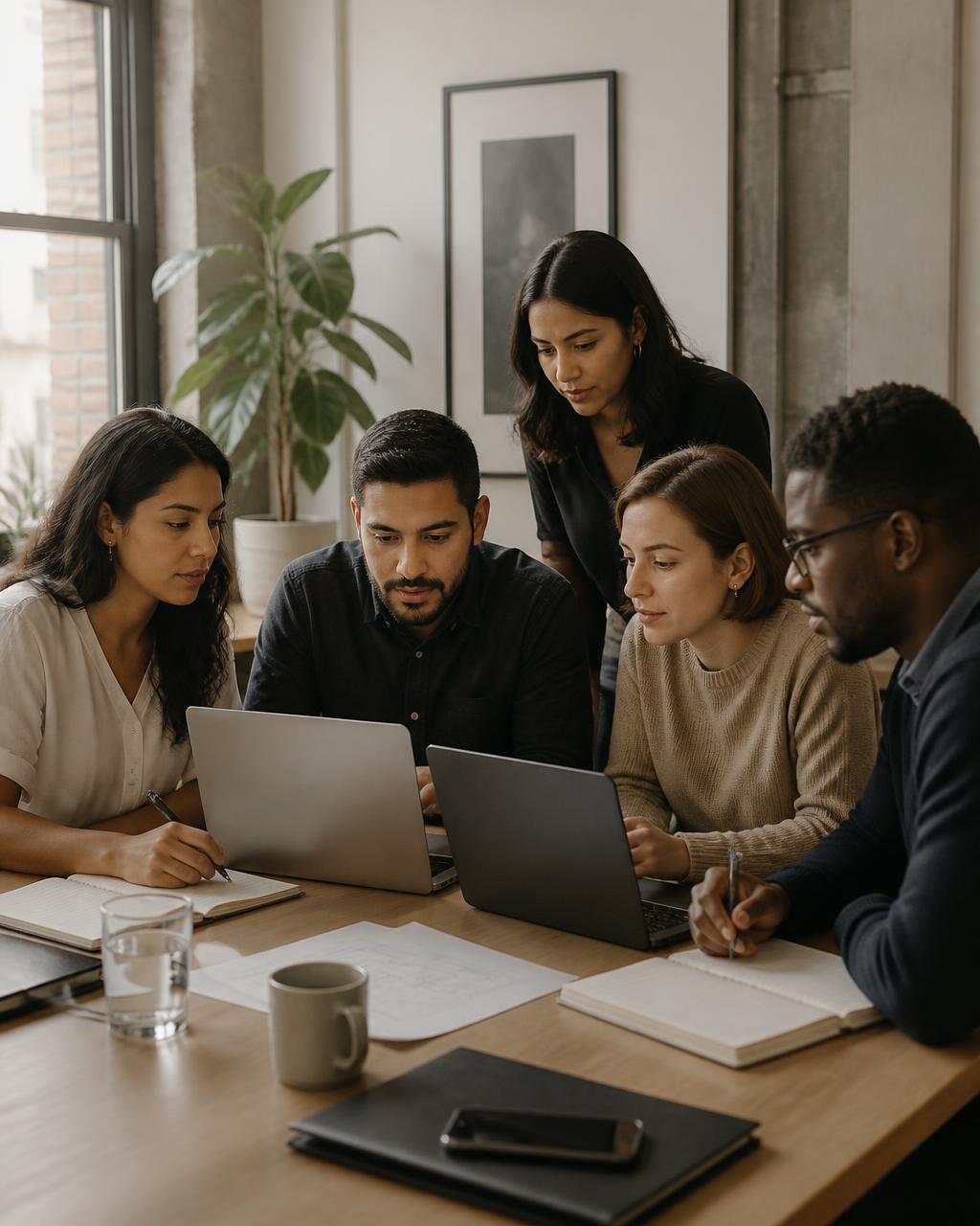 Leadership team working together in a modern office
